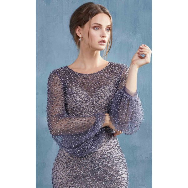 Fully Pearled Gathered Long Sleeve Dress