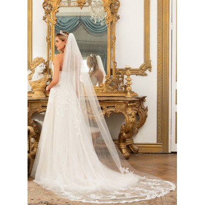 One-tier Lace Applique Edge Cathedral Bridal Veils With Lace