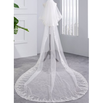 Two-tier Lace Applique Edge Chapel Bridal Veils With Lace