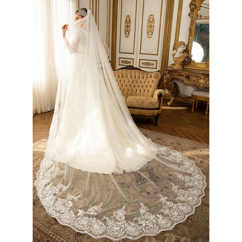 One-tier Lace Applique Edge Cathedral Bridal Veils With Lace