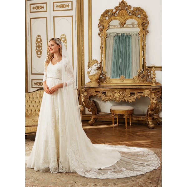 One-tier Lace Applique Edge Cathedral Bridal Veils With Lace