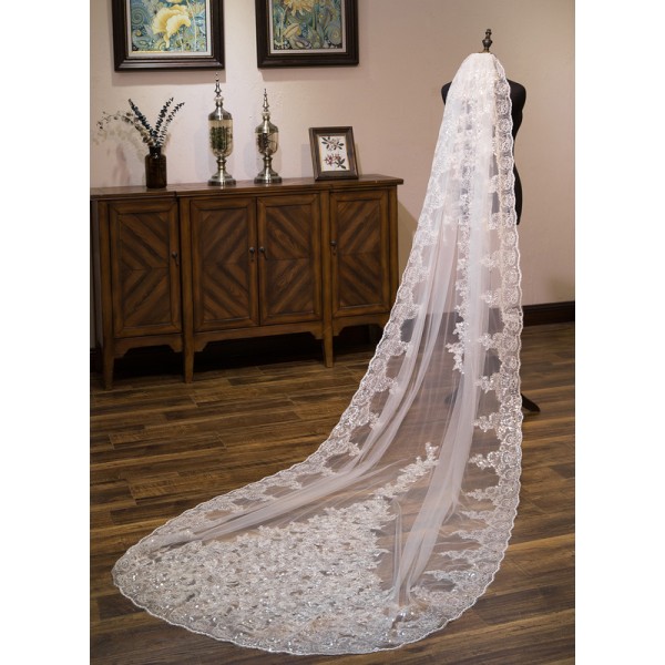 One-tier Lace Applique Edge Chapel Bridal Veils With Lace