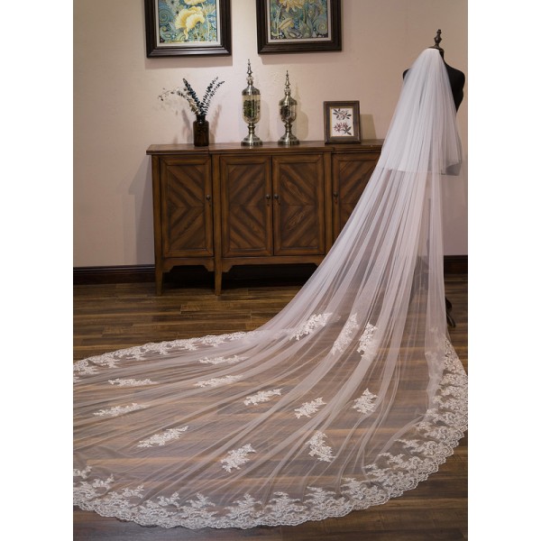 Two-tier Lace Applique Edge Cathedral Bridal Veils With Lace