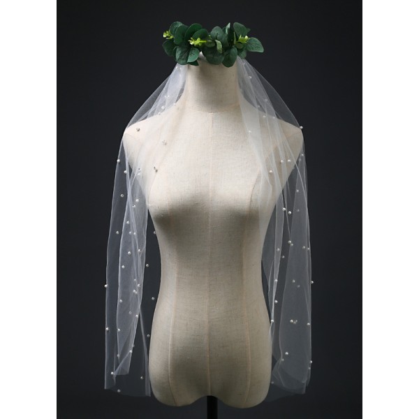 One-tier Cut Edge Elbow Bridal Veils With Faux Pearl