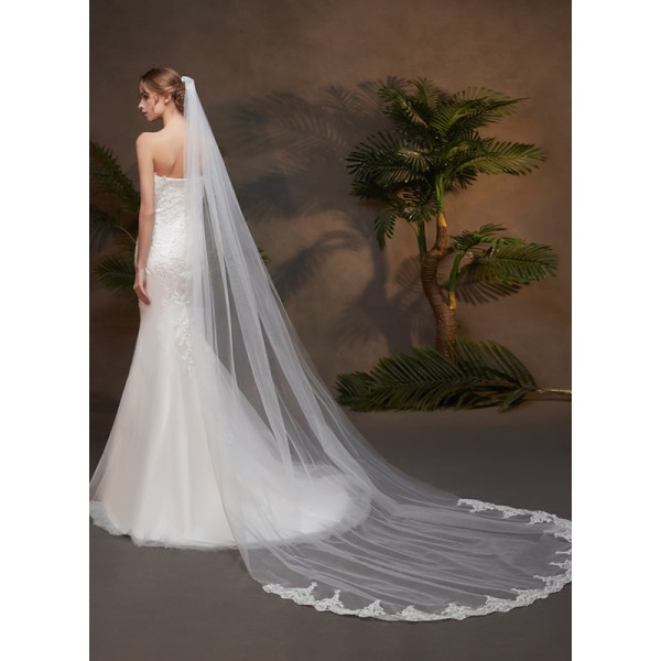 One-tier Lace Applique Edge Cathedral Bridal Veils With Lace