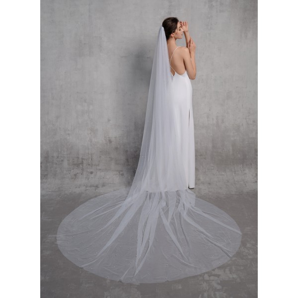 One-tier Cut Edge Cathedral Bridal Veils With Faux Pearl