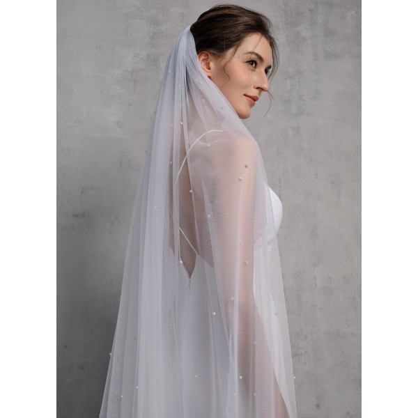 One-tier Cut Edge Cathedral Bridal Veils With Faux Pearl