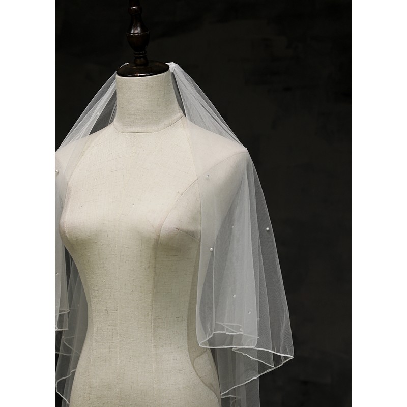 Two-tier Pencil Edge Fingertip Bridal Veils With Faux Pearl