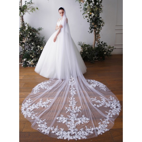 One-tier Cut Edge Cathedral Bridal Veils With Lace