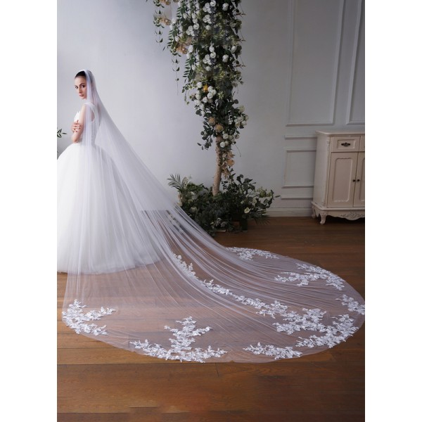 One-tier Cut Edge Cathedral Bridal Veils With Lace