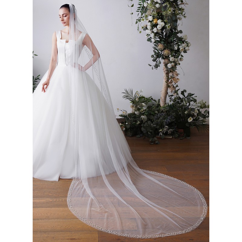 One-tier Pearl Trim Edge Chapel Bridal Veils With Faux Pearl