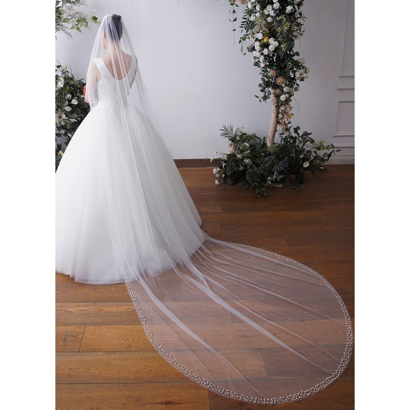 One-tier Pearl Trim Edge Chapel Bridal Veils With Faux Pearl