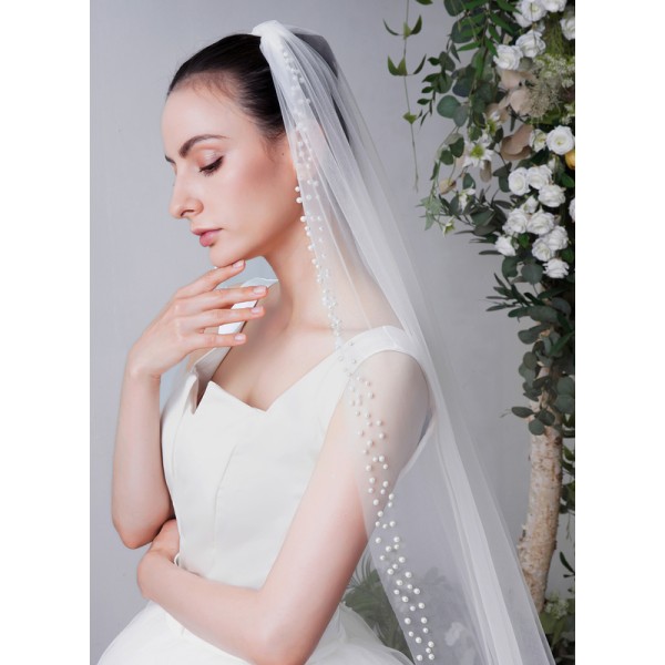 One-tier Pearl Trim Edge Chapel Bridal Veils With Faux Pearl