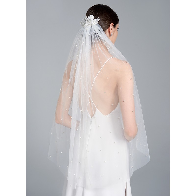 One-tier Cut Edge Fingertip Bridal Veils With Faux Pearl