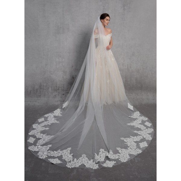 One-tier Lace Applique Edge Cathedral Bridal Veils With Lace