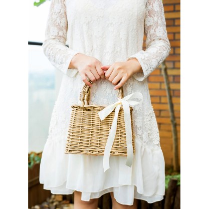 Flower Girl Wooden Flower Basket With Ribbons