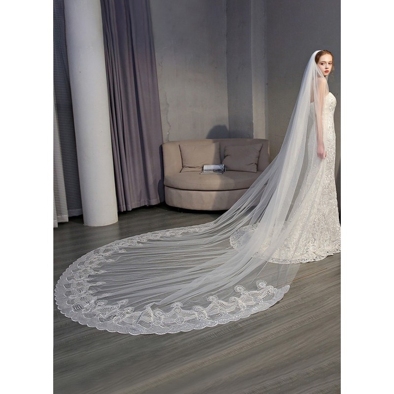 One-tier Sequin Trim Edge Cathedral Bridal Veils With Sequin/Lace