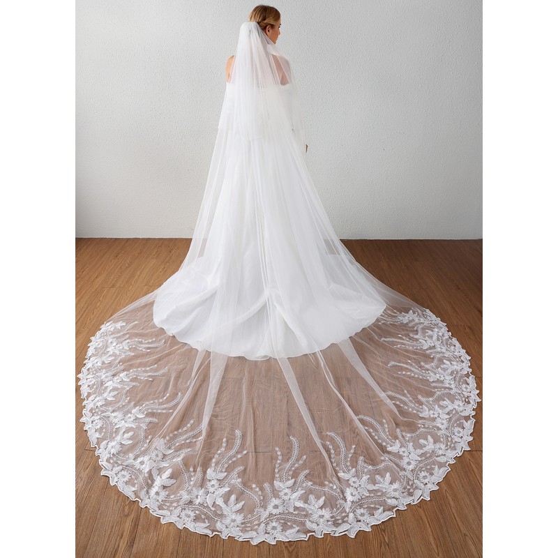 Two-tier Lace Applique Edge Cathedral Bridal Veils With Sequin/Lace