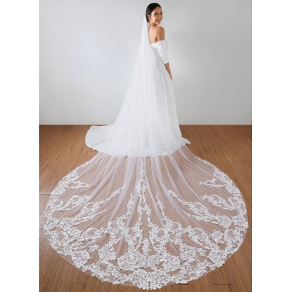 One-tier Lace Applique Edge Cathedral Bridal Veils With Sequin/Lace