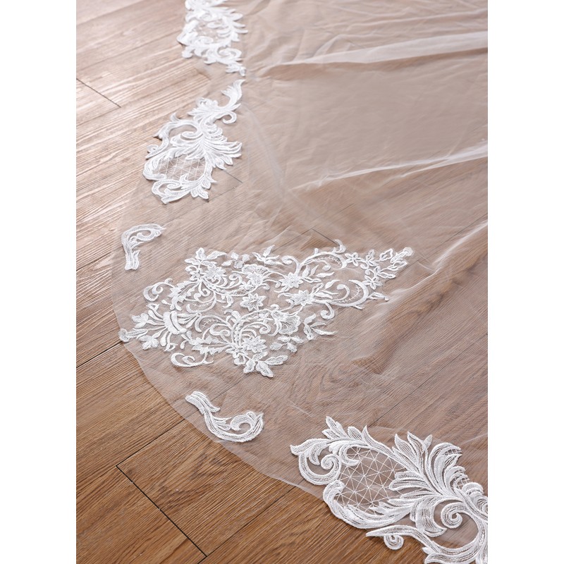 One-tier Lace Applique Edge Cathedral Bridal Veils With Lace