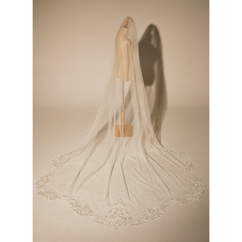 One-tier Lace Applique Edge Cathedral Bridal Veils With Lace