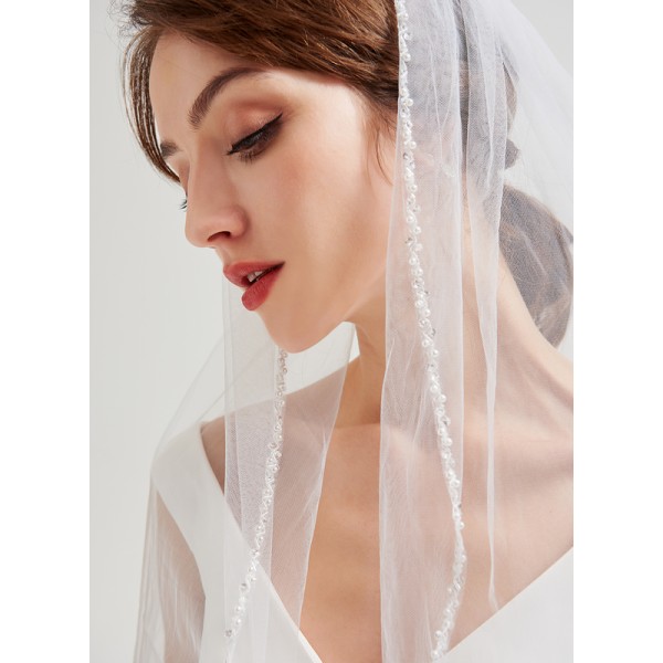 One-tier Pearl Trim Edge Elbow Bridal Veils With Beading/Sequin