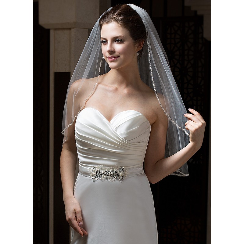 One-tier Pearl Trim Edge Elbow Bridal Veils With Beading/Sequin