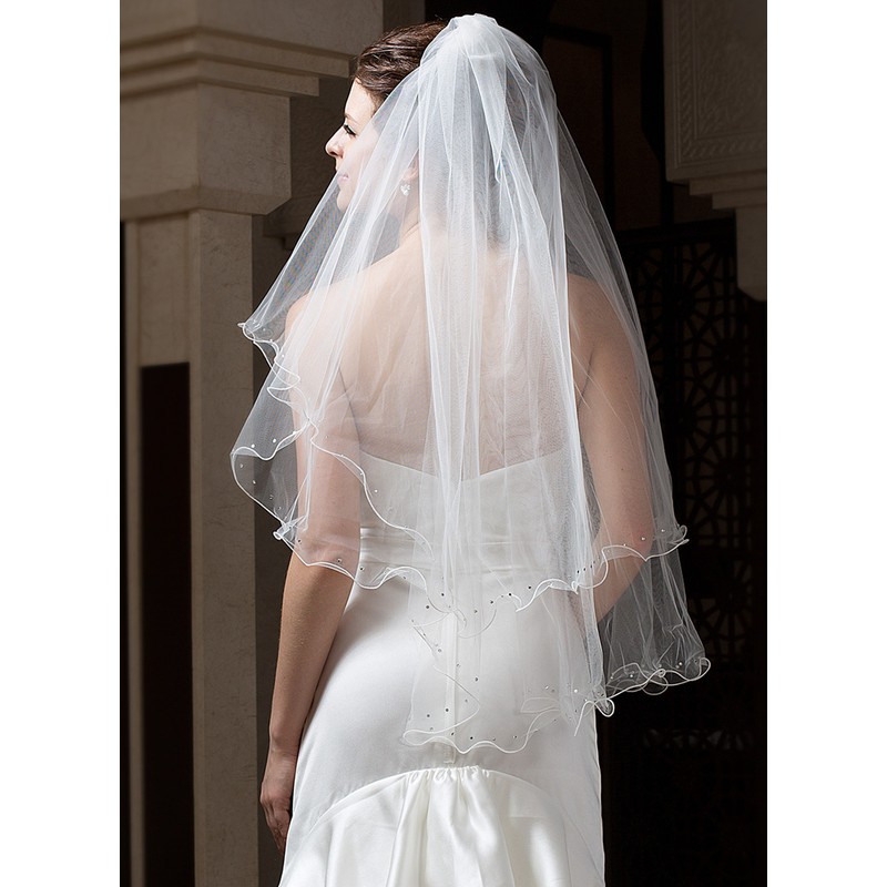 Two-tier Pencil Edge Fingertip Bridal Veils With Rhinestones