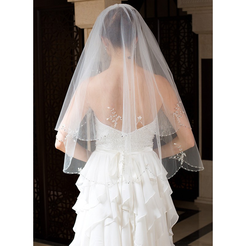 Two-tier Beaded Edge Elbow Bridal Veils With Beading/Sequin