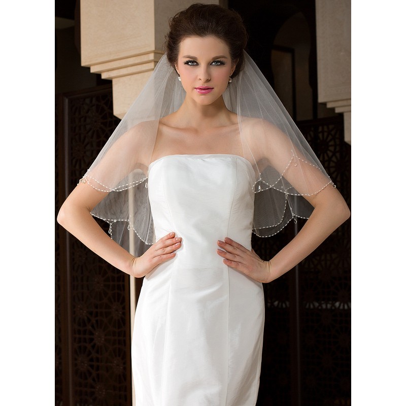 Two-tier Beaded Edge Elbow Bridal Veils With Beading/Sequin