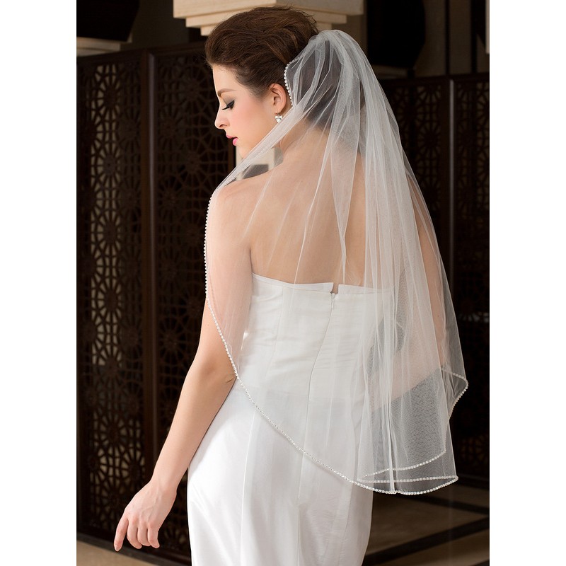 One-tier Fingertip Bridal Veils With Beaded Edge