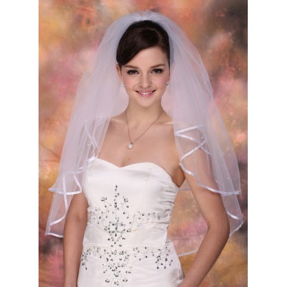 Two-tier Satin Edge Elbow Bridal Veils With Ribbon/Faux Pearl