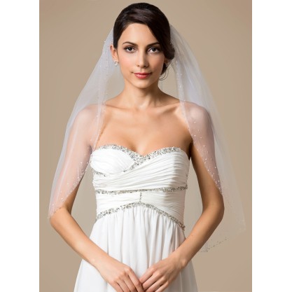 One-tier Beaded Edge Elbow Bridal Veils With Rhinestones/Faux Pearl