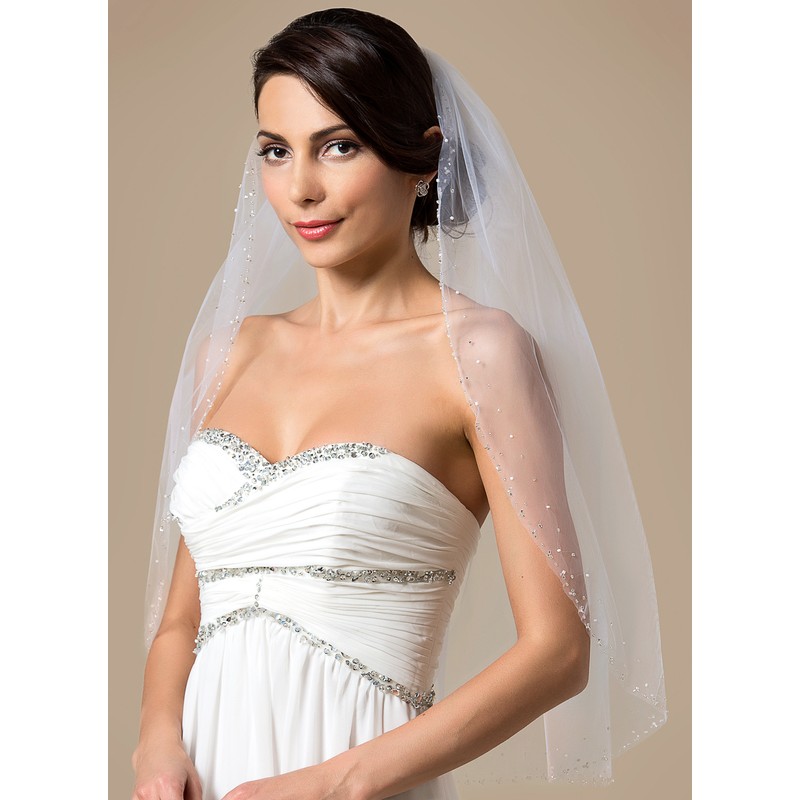 One-tier Beaded Edge Elbow Bridal Veils With Rhinestones/Faux Pearl