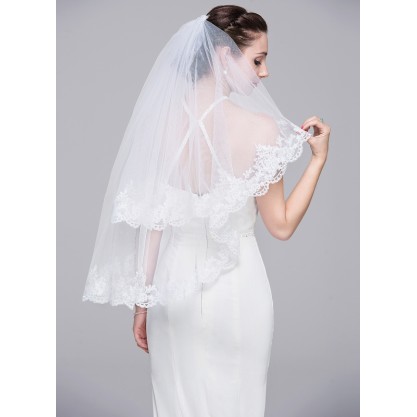 Two-tier Lace Applique Edge Elbow Bridal Veils With Lace